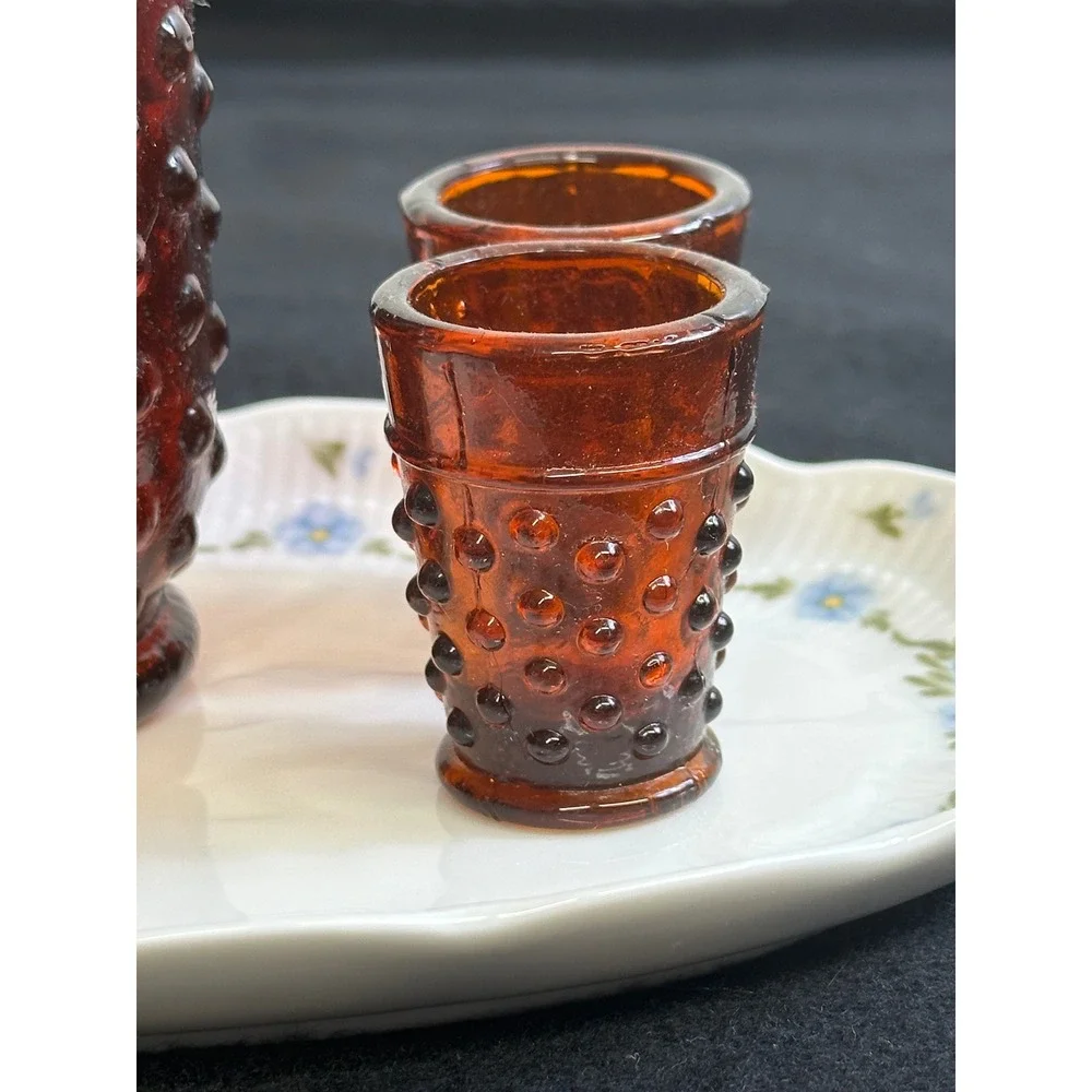 Amber Hobnail Glass Miniature Pitcher and 4 Shot Glasses Set Mid Century